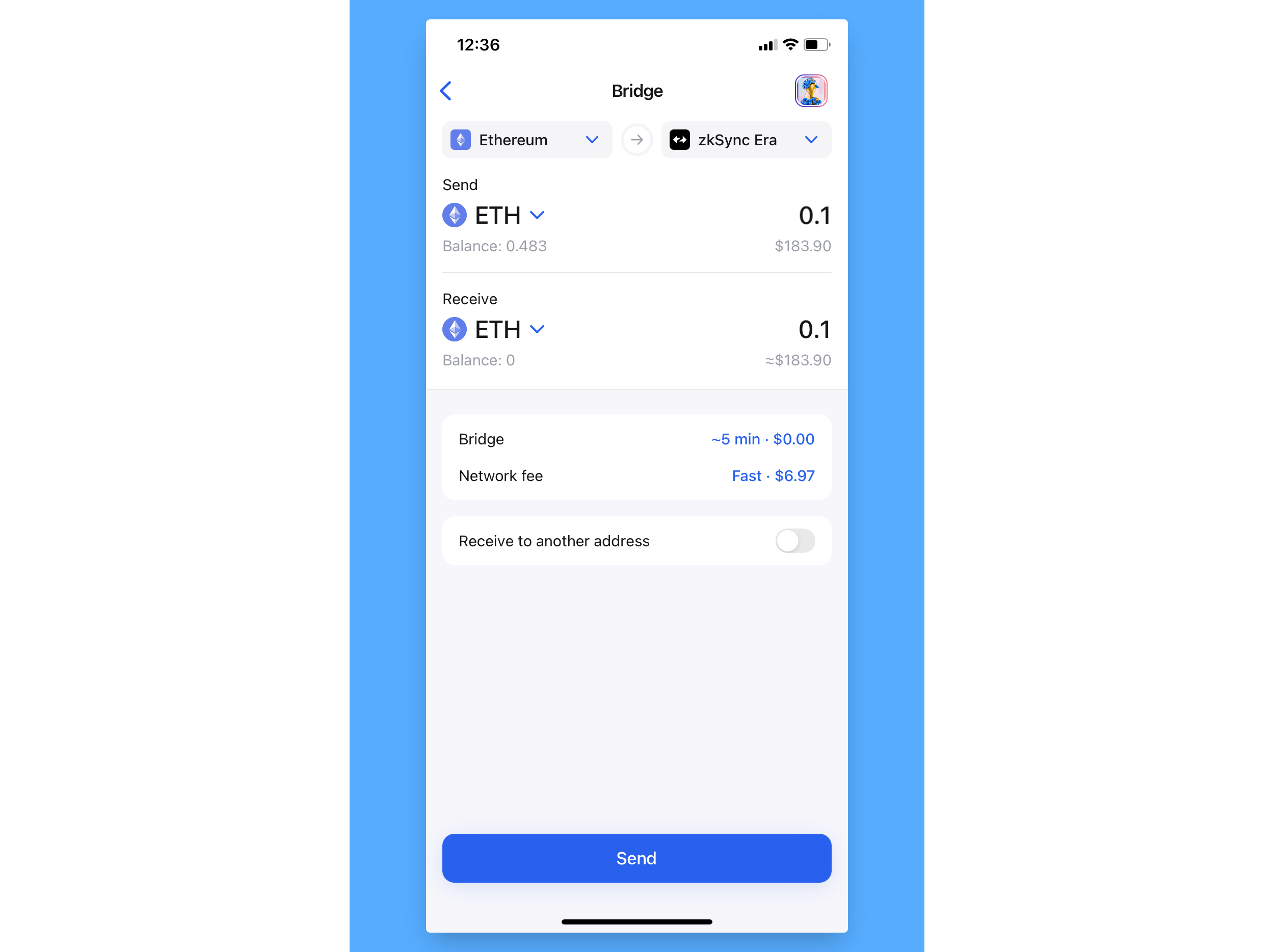 Bridging to zkSync on mobile with Zerion Wallet