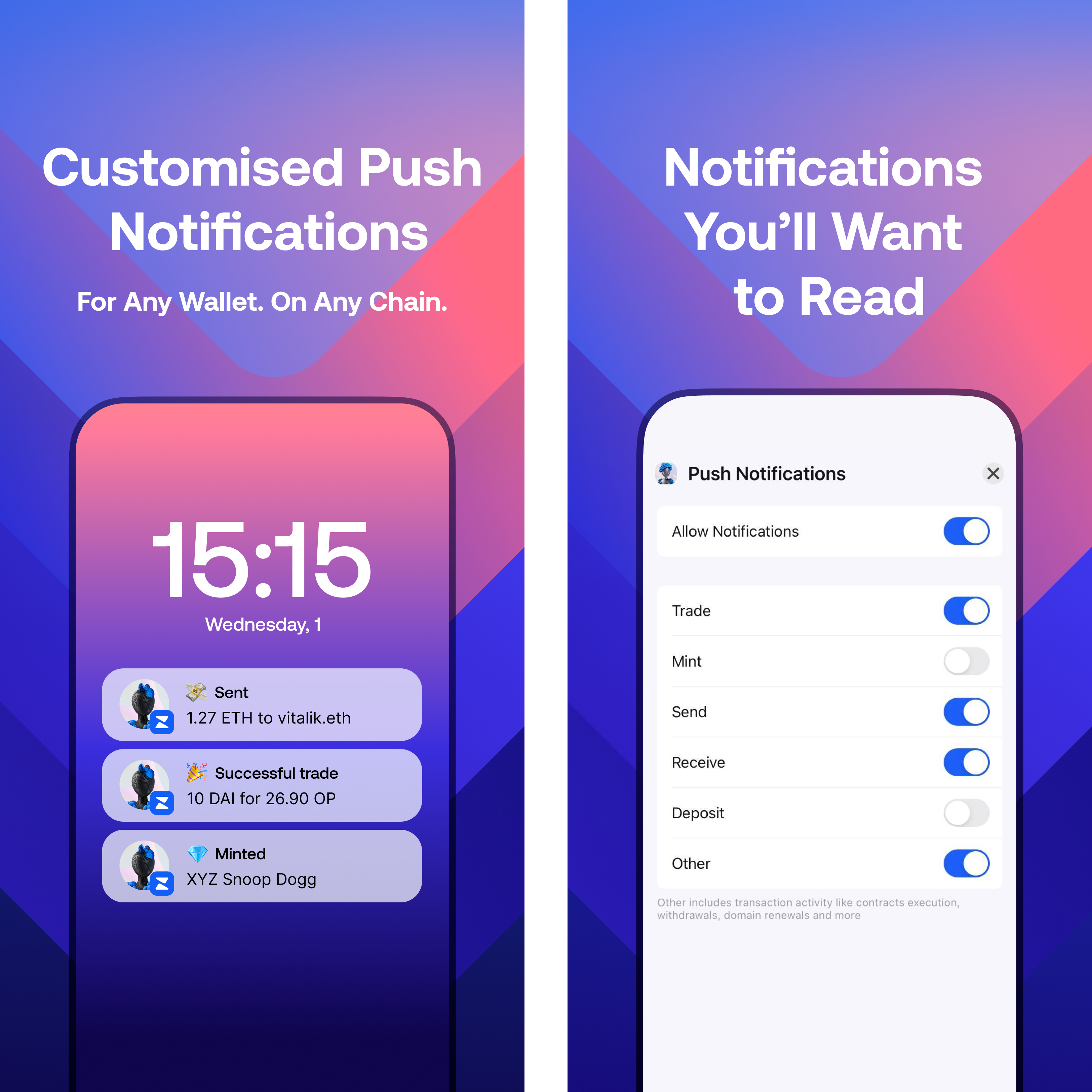 You can choose which notifications to get with Zerion Wallet